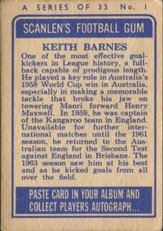 1964 Scanlens NRL #1 Keith Barnes Back